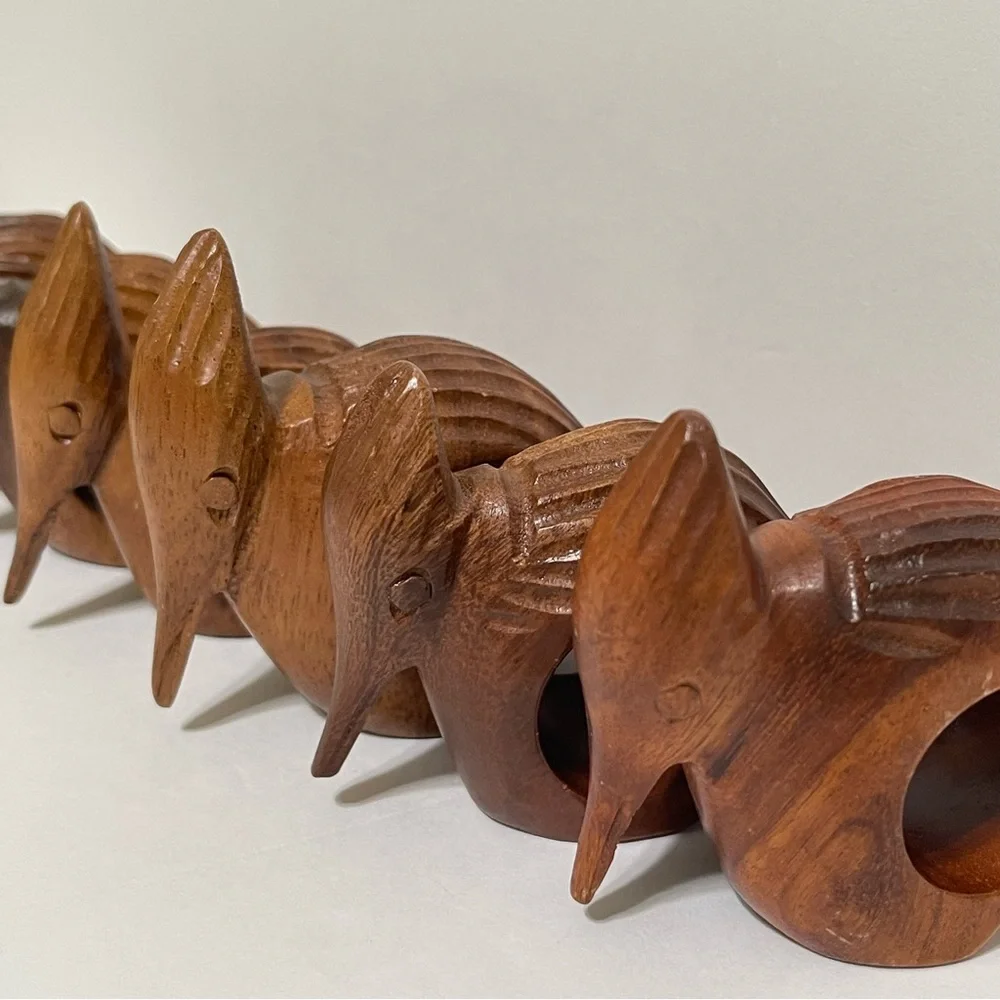 Woodpecker Bird Napkin Rings Hand Carved Wood Rustic Farmhouse Cabin Set of 6